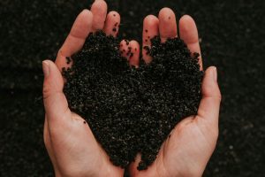 Manos llenas de tierra en forma de corazón