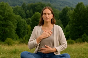 Mujer meditando en la natura, con una mano en el corazón y otra en el vientre.