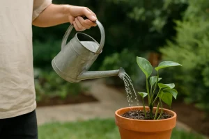 Mano regando una planta.